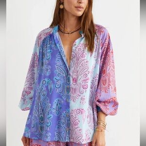 Boteh wallpaper swing blouse top size 2 (4/6 US) pink blue boho festival